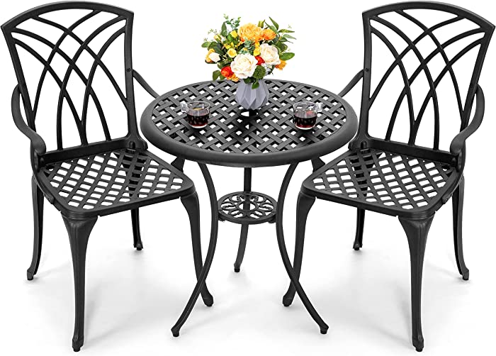 Nuu Garden 3 Piece Patio Bistro Sets Cast Aluminum Bistro Table Set Outdoor Patio Furniture with Umbrella Hole for Patio Balcony, Black