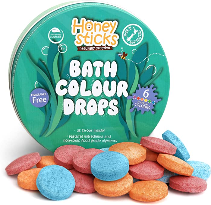 Honeysticks Bath Color Tablets for Kids - Non Toxic Bathtub Color Drops Made with Natural and Food Grade Ingredients - Fragrance Free - Fizzy, Brightly Colored Bathtime Fun, Great Gift Idea - 36 Drops