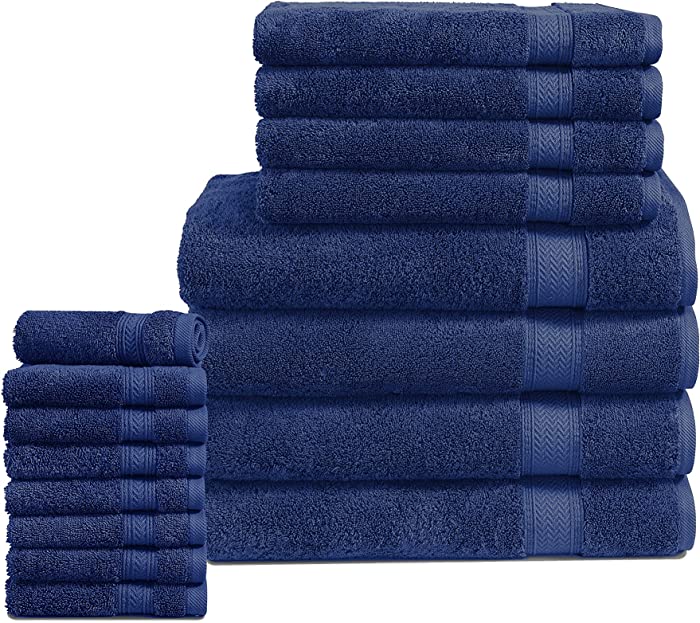 16 Piece Bath Towels - 100% Cotton Towels for Bathroom, Premium Quality Hotel Towels, Highly Absorbent Bathroom Towel Set, Super Soft, 4 Bath Towels, 4 Hand Towels, and 8 Wash Cloths - Denim