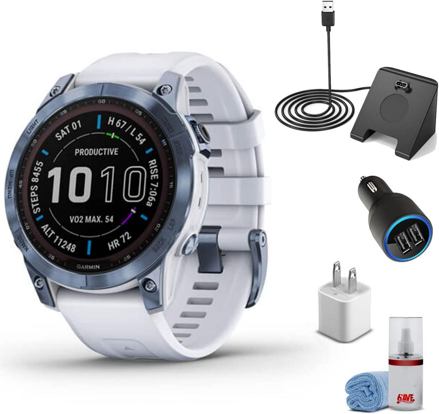 Garmin Fenix 7 Sapphire Solar Edition Smart Watch Mineral Blue Titanium with Whitestone Band (47mm) + Watch Charging Stand + USB Car/Wall Adapter + 6TH AVE Cleaning Kit (010-02540-24)