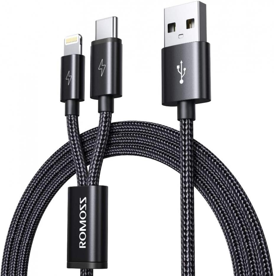 ROMOSS Multi Charger Cable 2-in-1 iPhone and Android USB C Charging Cable, 5ft Nylon Braided Type C Charger Cable Compatible for iPhone 11, iPhone 8, iPad pro, iPad mini, Samsung S20, Note 20 and More