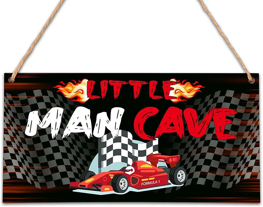 Decorative Signage, Little Man Cave Wood Sign, 5x10 inches, Car Racing Themed Home Wall Art for Kids Room Door Decor - A04