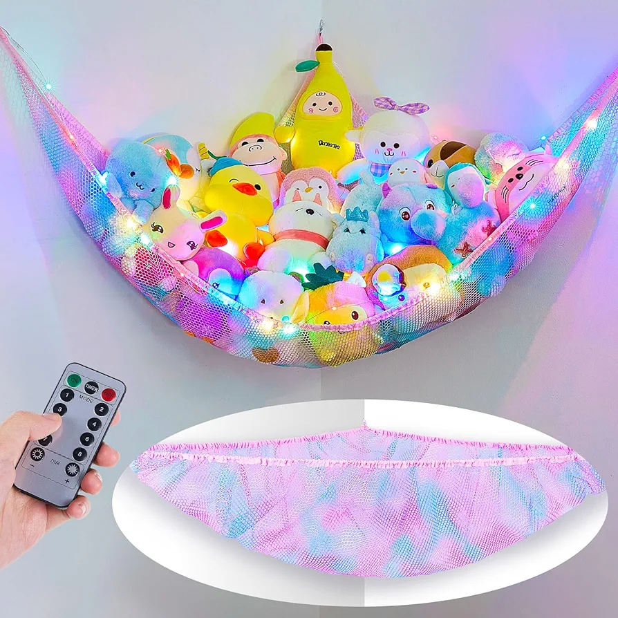 Stuffed Animals Storage with LED Light Stuffed Animals Hammock Corner Toy Organizer Net Girls Room Decor Wall Hanging for Nursery Kids Room