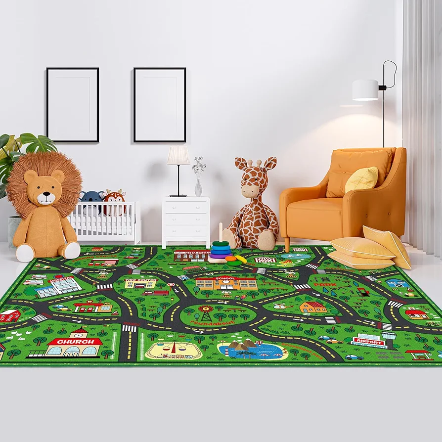 Kids Carpet Playmat Rug 6 x 9 Ft Player Car Rug, City Life Traffic Road Map Mat Educational Game Area Rug for Toddler Children Playroom Classroom Bedroom