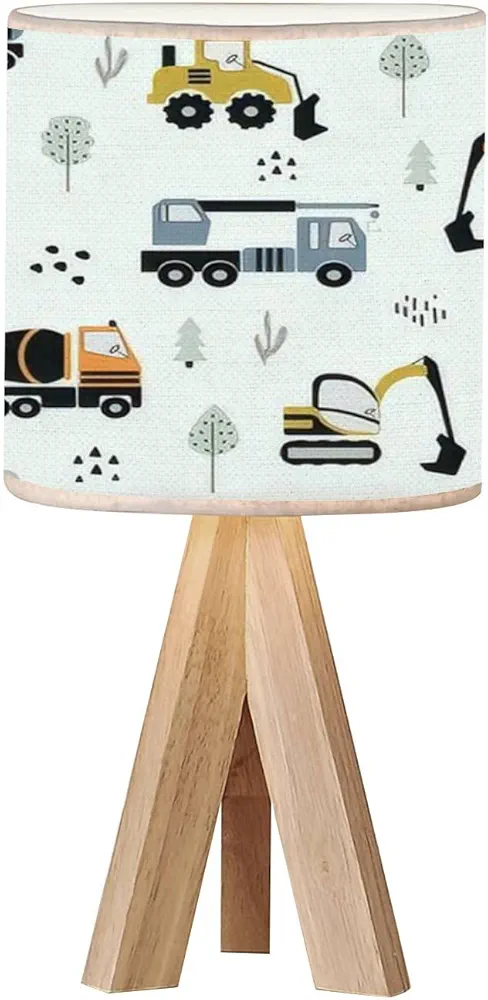 Tripod Bedside Desk Table Lamp Cute Children Seamless Construction Machinery Cartoon Hand Wood Nightstand Lamp with Linen Fabric Shade for Nursery Bedroom Living Room Kids Room