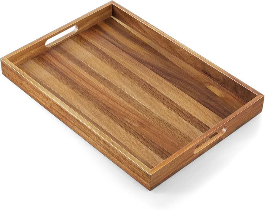 17 Inch Acacia Wood Serving Tray with Handles - Extra Large Wooden Tray for Ottoman, Breakfast in Bed, Dinner, Coffee Table - Decorative Rectangular Tray for Living Room Bedroom Entryway and Kitchen