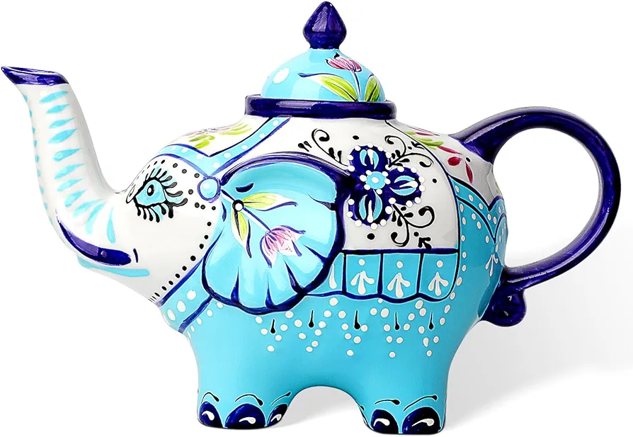 Toptier Elephant Teapot, Elephant Decor, Elephant Gifts for Women, Ceramic Home Office Bookshelf TV Stand Living Room, Decoration for Shelf Table, Elephant Vase Statue Tea Pot for Flower, 24 oz, Blue