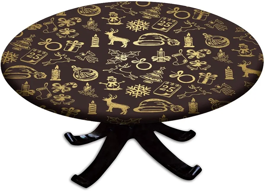 Christmas Round Fitted Tablecloths, Gold Christmas Elements Elastic Edge Polyester Home Decor Table Clothes, Fits 52" Round Table, Dust & Oil Proof Washable Table Clothes For Living Room Patio Decor