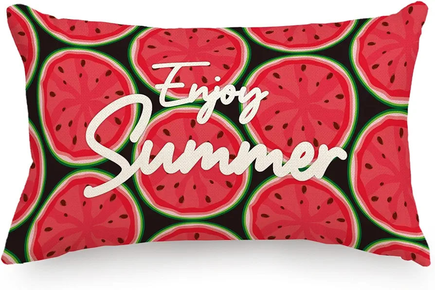 Watermelon Throw Pillow Cover 12 x 20 Inch Enjoy Summer Linen Sofa Waist Pillowcase Family Room Farmhouse Home Decor Car Cushion Cover Seat Cushion (Red)