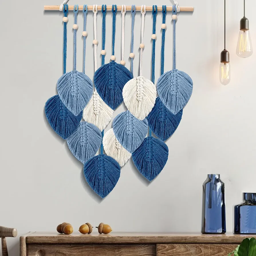 ASMPCUE Macrame Wall Hanging Leaves, Boho Wall Decor Art Feather Tapestry with 12 Leaves, Handmade Yarn Tassels Decorations for Living Room, Bedroom, Apartment Home Decor, 20 X 27.5 Inch, Blue