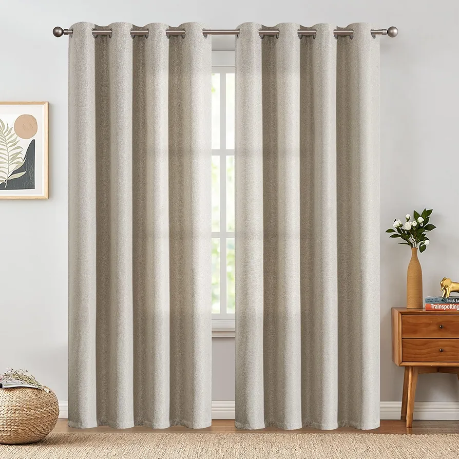 jinchan 70% Blackout Linen Textured Curtain for Living Room Darkening 84 Inch Long Bedroom Curtain Thermal Insulated Curtain Greyish Beige Curtain Grommet Top Window Curtain 1 Panel