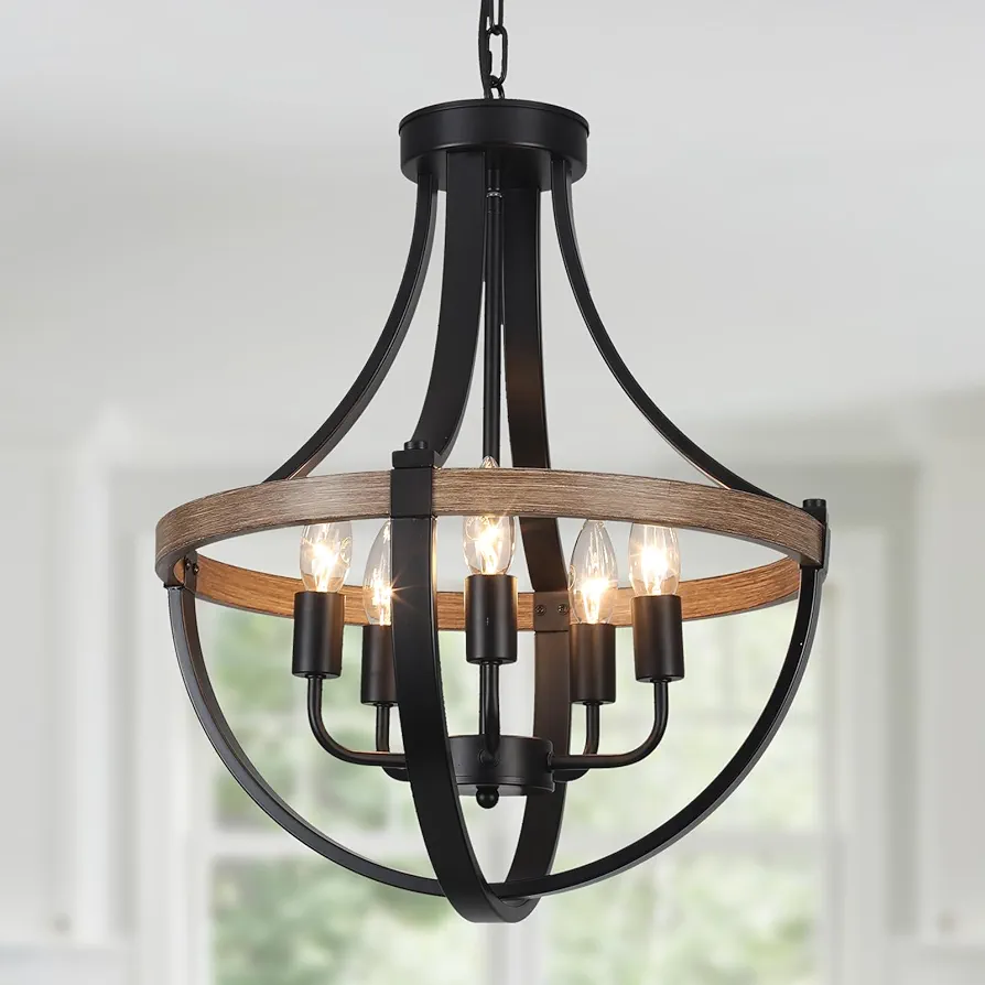 16.5" Black Wood Texture Rustic Chandelier for Dining Room Adjustable 5-Light Farmhouse Pendant Light Fixture for Kitchen Island Entryway Foyer Bedroom Hallway