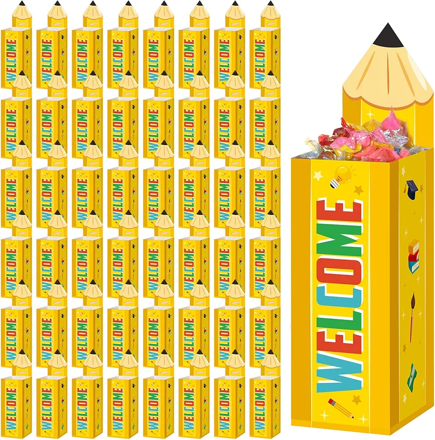 Humyoun 48 Pcs Back to School Pencil Candy Boxes Thanks Teacher Popcorn Holders Pencil Shaped Gift Box Classroom Decorations for Welcome Back to School Birthday Gift Party Favors Supplies