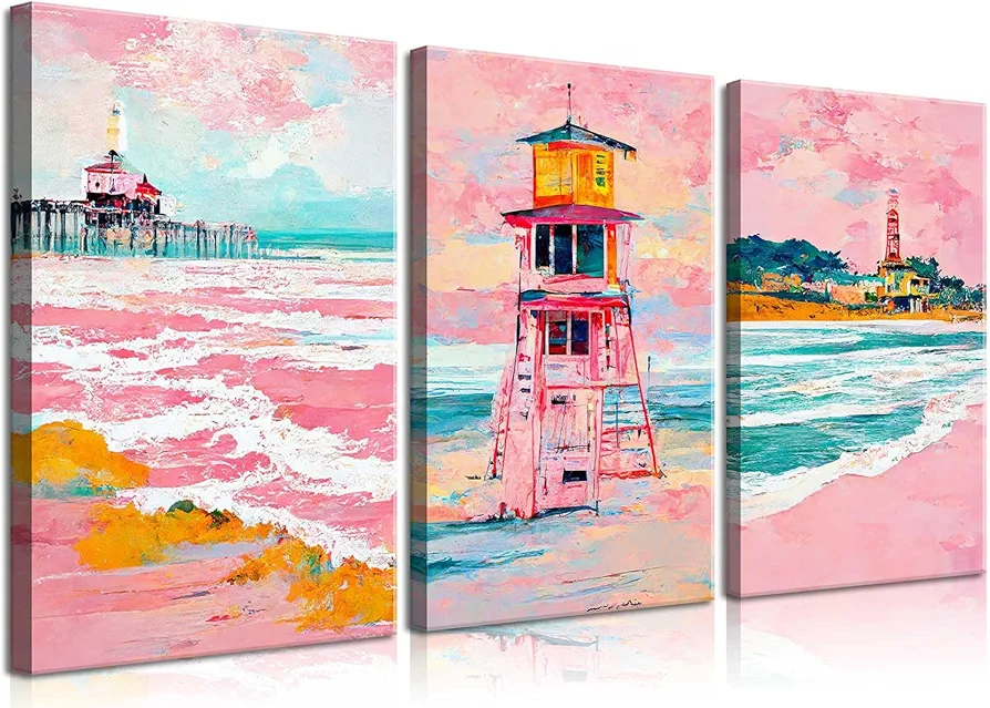 SUAXTCCR 3Pcs Pink Beach Boho Canvas Wall Art Preppy Coastal Wall Decor Pictures Pastel Surf Prints Aesthetic Beachy Room Decor for Teen Girls Dorm Apartment Decoration, 12x16 Inch