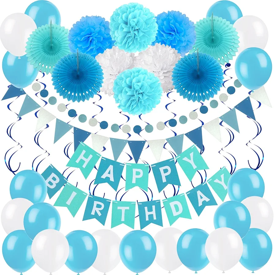 ZERODECO Birthday Decoration Set, Happy Birthday Banner Bunting with 4 Paper Fans Tissue 6 Paper Pom Poms Flower 10 Hanging Swirl and 20 Balloon for Birthday Party Decorations -Blue,Sky Blue and White