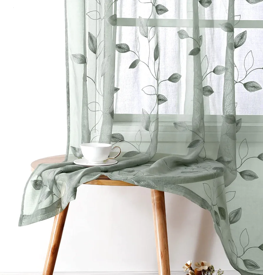 HOMEIDEAS Sage Green Sheer Curtains 52 X 63 Inches Length 2 Panels Embroidered Leaf Pattern Pocket Faux Linen Floral Semi Sheer Voile Window Curtains/Drapes for Bedroom Living Room