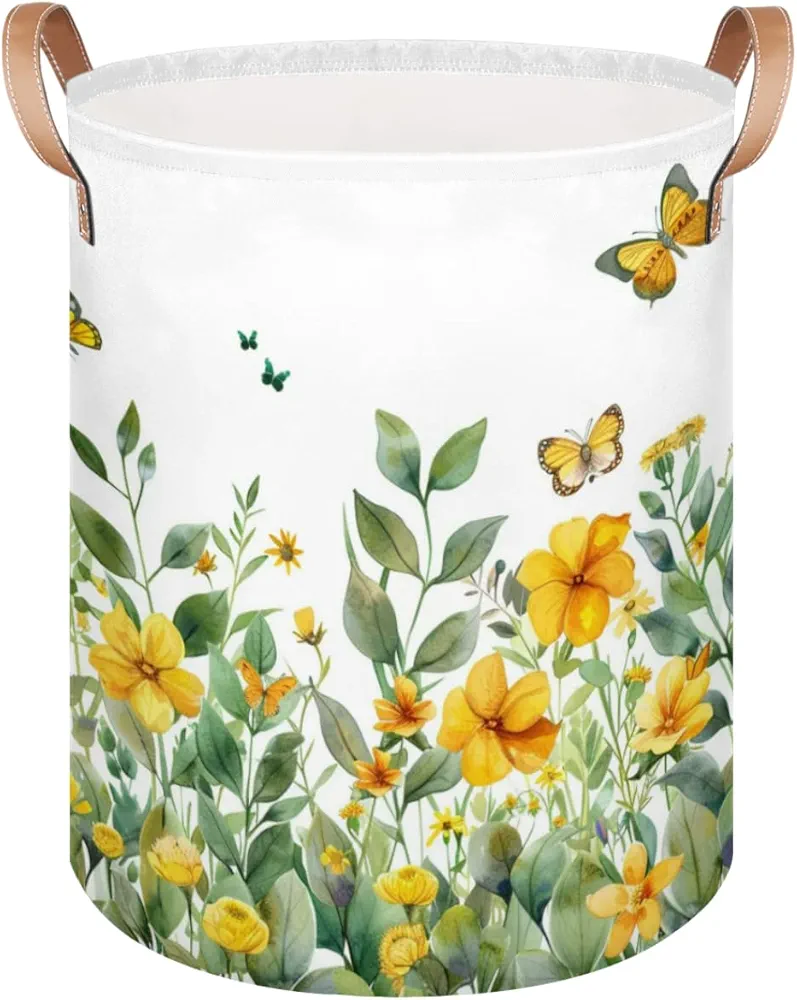 Laundry Basket with Handles, Collapsible Laundry Hamper, Spring Wild Flower Waterproof Round Storage Basket for Blanket Towels, Living Room Bathroom Bedroom Entryway, Watercolor Butterfly