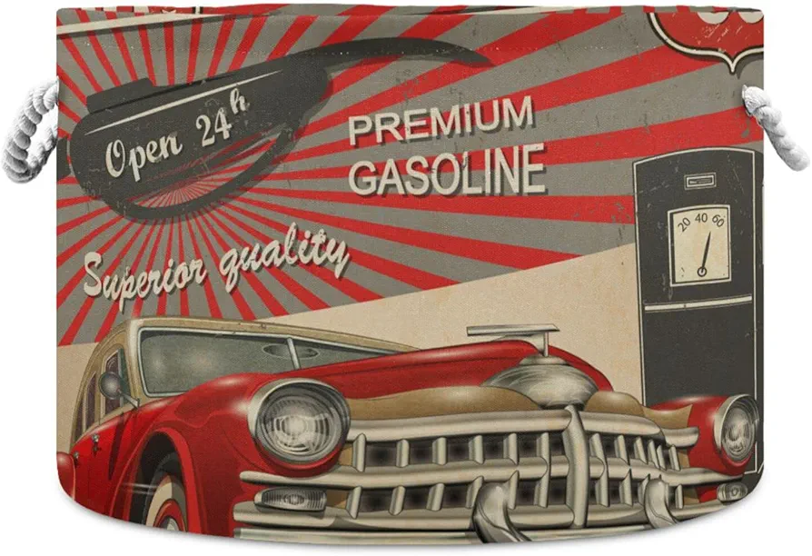 Gas Station Retro Poster Route 66 Car in Red Pattern Style Round Storage Basket Waterproof Print Collapsible Fabric Cube with Cotton Rope Handles Laundry Bag Organizer Toys Clothes for Room