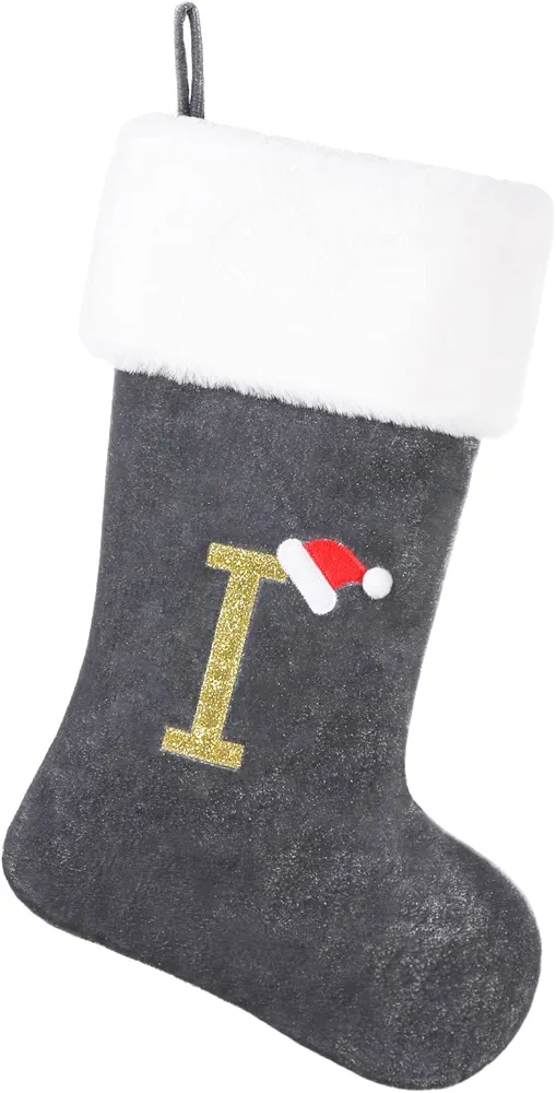 20 Inches Monogram Christmas Stocking Deluxe Grey Velvet Body with Super Soft Plush Cuff Embroidered Letter(I)