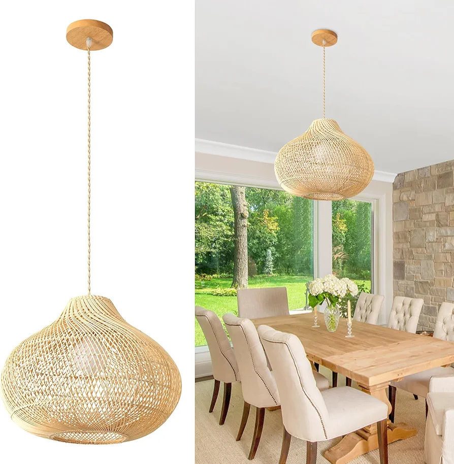 Rattan Light Fixture, 15.74 Inch Hand-Woven Rattan Boho Chandelier, Wicker Boho Rattan Pendant Light Fixture, Hand Woven Hanging Ceiling Light for Dining Room, Kitchen, Living Room