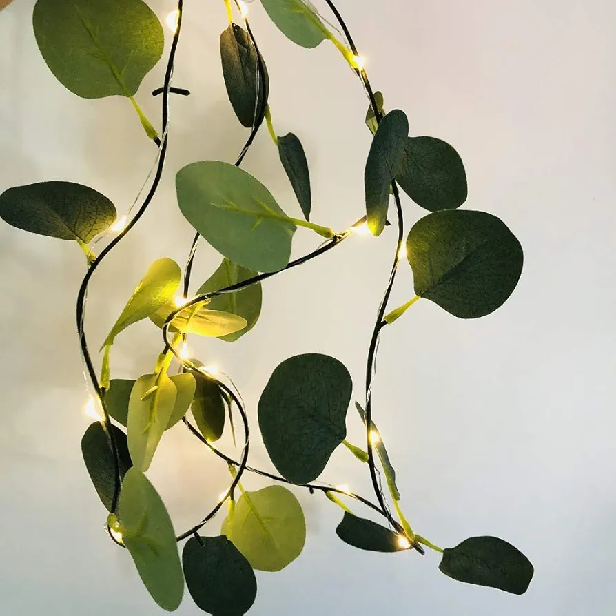 Artificial Eucalyptus Leaf Rattan Garland String Lights Vine Fairy Lights 6.6ft 20 LED Copper Wire Battery Powered Decor for Home Kitchen Garden Office Wedding Wall (6.6ft/20 LED, Eucalyptus Leaf)