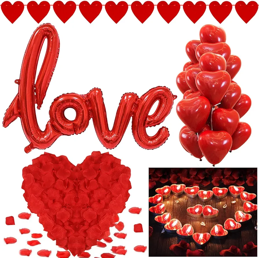 Valentines Day Decoration 1000 Red Rose Petals 50 Heart Candle 20 Heart Balloons LOVE Balloon for Anniversary Wedding Birthday Party Decor Romantic Decorations Special Night for Him Her