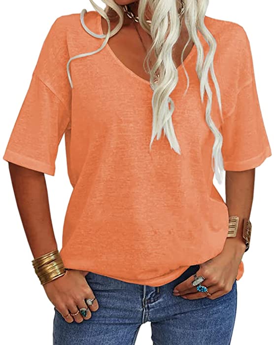 Danedvi Women Fashion V-Neck Half Sleeves Oversized T Shirt Solid Casual Loose Basic Tops