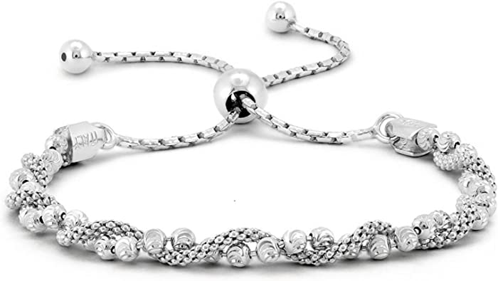 Italian .925 Sterling Silver Diamond-Cut Ball Covered by Twisted Coreana Adjustable Bolo Bracelet