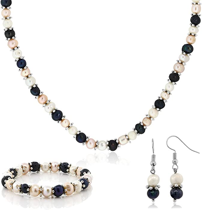 Gem Stone King Multi-Color Cultured Freshwater Pearl Necklace Earrings Bracelet Set 7-8MM 18inches