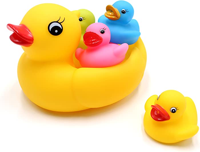 DOPHYRANIX Floating Rubber Duckies Bath Play 5 Pieces Set - Includes 1 Jumbo Mama Ducky and 4 Baby Ducks - Fun Water Tub Playing Kits(4 Colors)