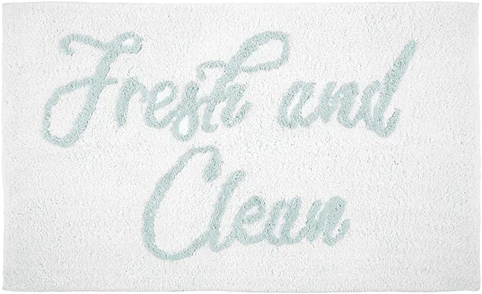 mDesign Soft 100% Cotton Luxury Bath Mat Rug - Extra Plush, Water Absorbent - Fun, Fresh and Clean Saying - Accent Rug for Bathroom Vanity Floor, Tub, and Shower; 34" x 21" - Mint Green/White