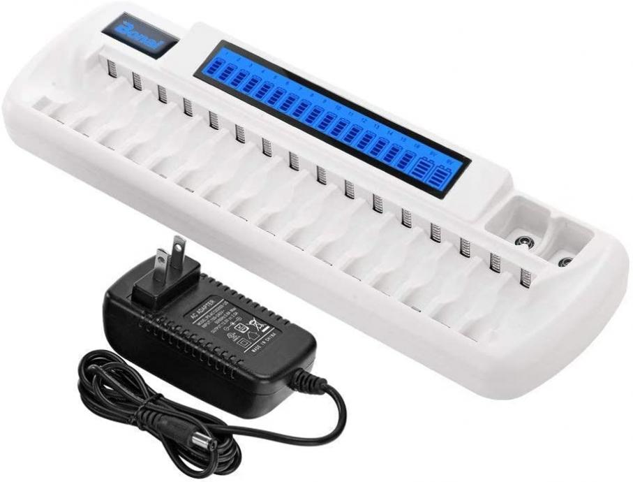 Bonai 16+2 Bay AA AAA 9V Battery Charger for NiMH Rechargeable Battery (Updated, High Speed Charging) with Smart LCD Display and AC Wall Adapter, Batteries not Included - White