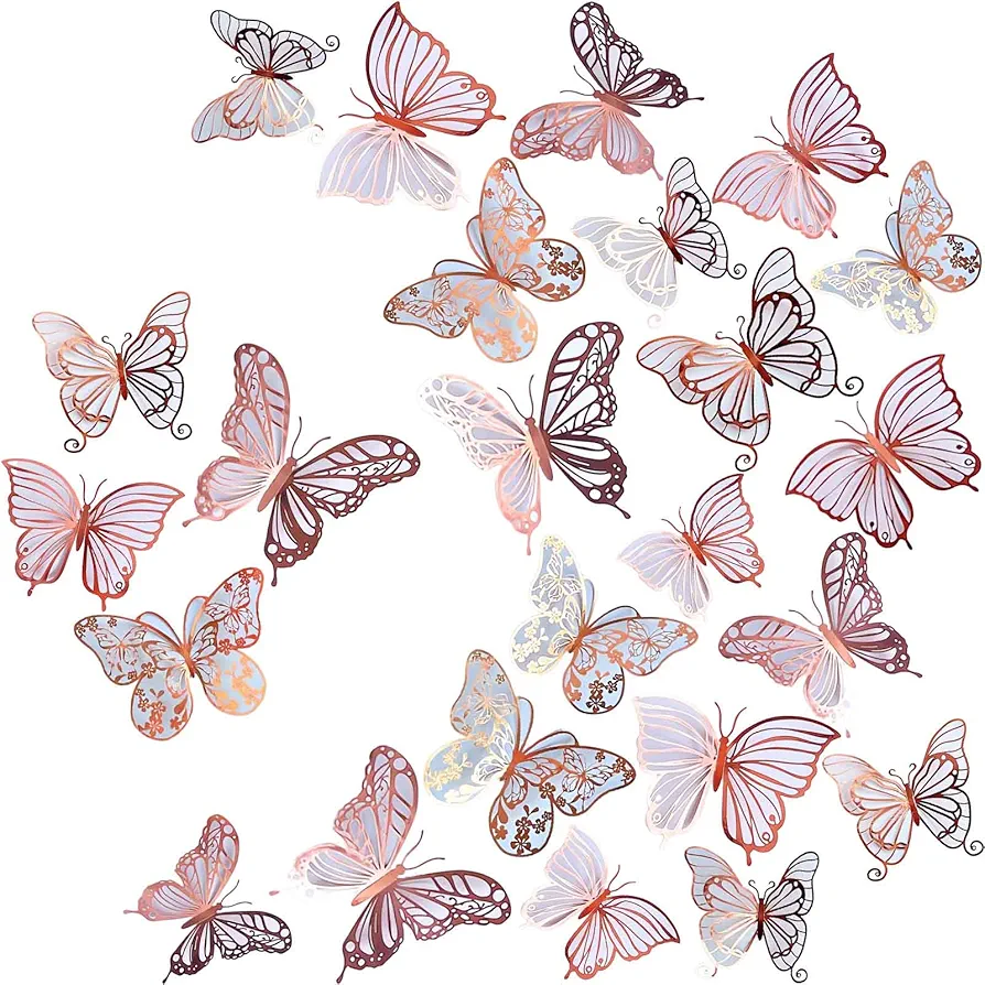 3D Butterfly Wall Decor 3 Sizes 4 Styles, Kurilai 48Pcs Butterfly Decorations Party Birthday Cake Decoration, Removable Wall Stickers for Kids Nursery Wedding Bedroom Room Decor (Rose Gold)