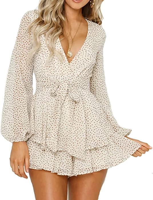 Relipop Women's Polka Dot Jumpsuits Deep V-Neck Long Sleeve Knot Front Ruffle Hem Floral Rompers