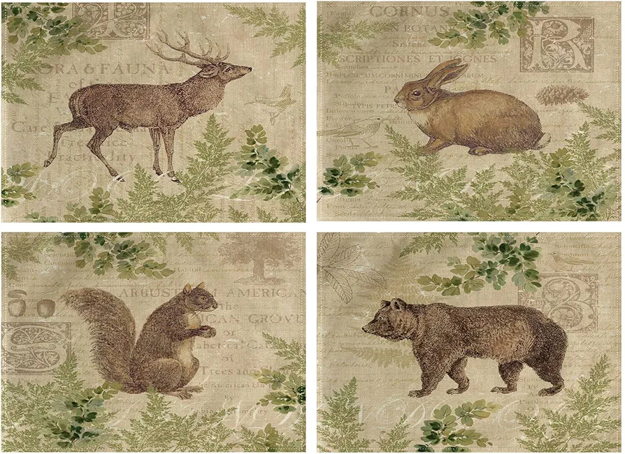 Animals Placemats Set of 4 Vintage Style with Green Plants Table Mats Waterproof Heat Resistant Washable Non-Slip Place Mats for Dinner Room Kitchen Decor Table 12”×16”