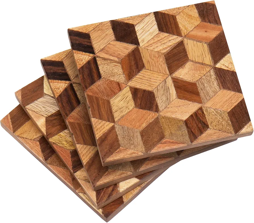 Set of 4 Square Coasters, Acacia Wood with a Geometric Pattern, Brown