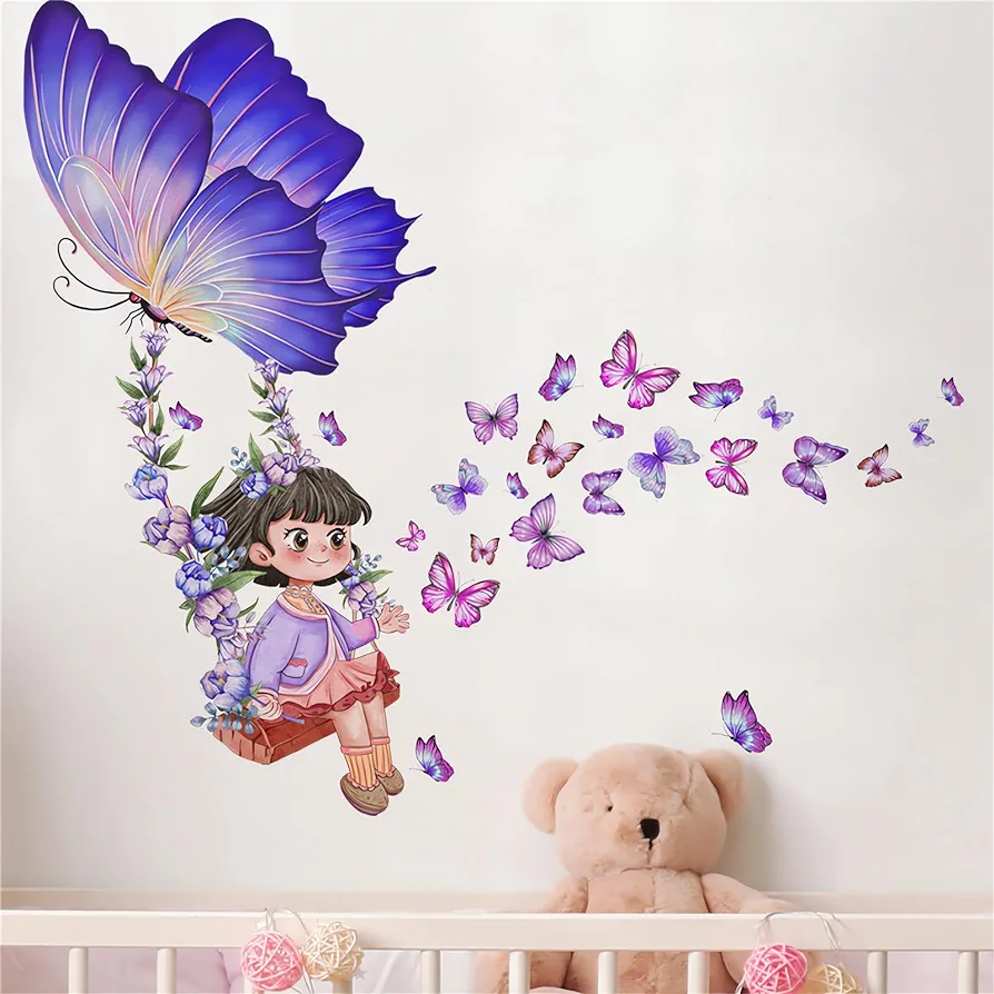 Lovely Little Girl on Swing and Purple Butterfly Flower Wall Stickers, sacinora Art Wall Decals Removable Vinyl for Nursery Kids Baby Living Room Children's Room Bedroom Decorations