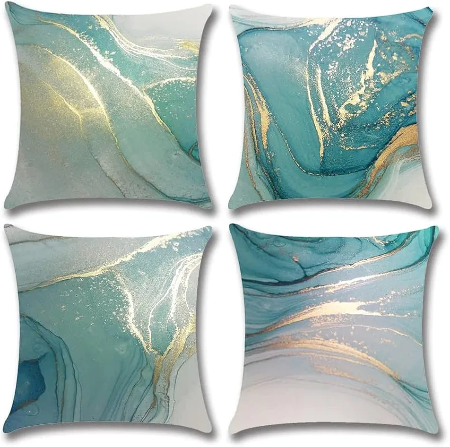 Turquoise Throw Pillow Covers, Decorative Green and Blue Pillow Covers 18x18 Emerald Gold Pillowcase for Living Room Home Car Bedroom Marble Print Cushion Cover