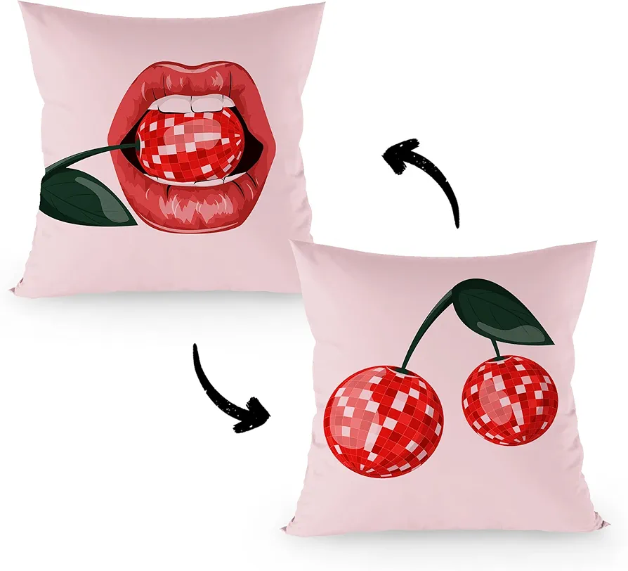 Hot Pink Preppy Funky Cherries Red Lip Decorative Reversible Throw Pillow Covers 18×18 Inch, Retro Groovy Pillow Cases Cushion for Girls Bedroom Living Room, Trendy Gifts for Women Girls Teens