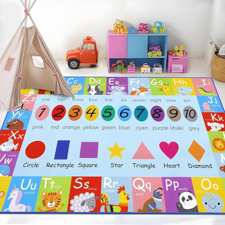 HEBE Kids Play Rug 3'4"x5' ABC Alphabet Numbers Shapes Educational Kid Area Rug Washable Baby Crawling Mat Non Slip Kid Play Mat Carpet for Girl Boy Bedroom Playroom