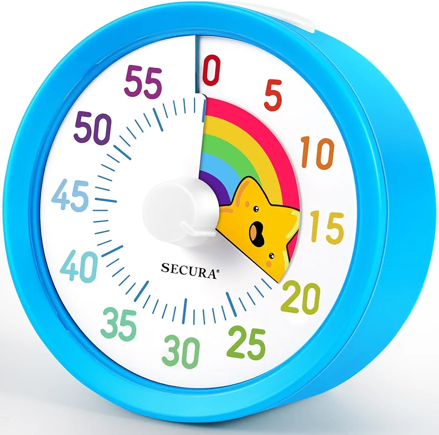 Secura 60-Minute Visual Timer, Kitchen Timer with Rainbow Pattern, Timer for Kids and Adults, Time Clocks, Classroom Timer, Time Management Tool for Teaching with Pause Function (Blue & Star)