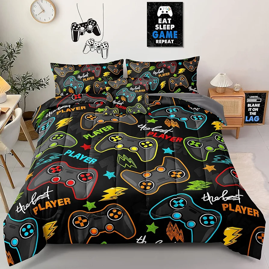 5 Pieces Gaming Bedding Set Twin Size for Boys Gamer Comforter Set for Boys Girls Kids Teens 5 Piece Bed in A Bag Video Game Bedding for Gamer Room Decorative Twin25