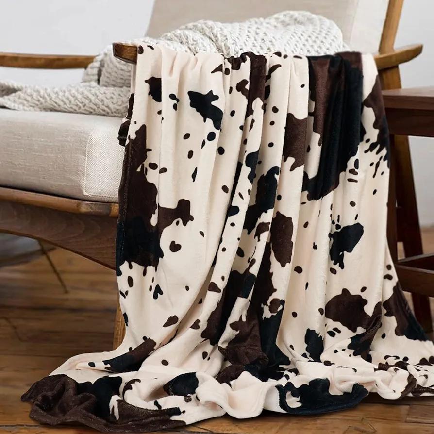 Cow Print Blanket Animal Brown Black Milky White Faux Fur Throw Blankets Western Cute Flannel Fleece Decorative Bed Sofa Office Blanket 60"x50"