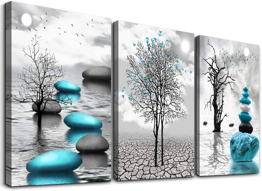 Canvas Wall Art for Living Room Wall Decor for Bedroom Bathroom Black and White Paintings Modern 3 Piece Framed Canvas Art Prints Ready to Hang Inspirational Abstract Blue Pictures Home Decorations