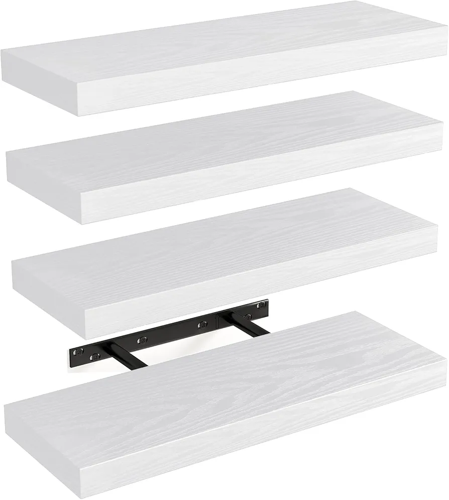 Fixwal 15.8in Floating Shelves, Rustic Wood Finish Wall Shelves Set of 4, Shelves for Wall Decor, with Invisible Brackets for Bathroom, Living Room,Bedroom and Kitchen(White)