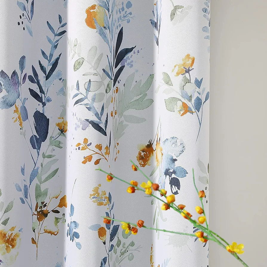 MYSKY HOME Floral Blackout Curtains 63 Inch Long Living Room Bedroom Curtains Thermal Insulated Curtains Room Darkening Curtains Printed Flower Leaf Window Treatments, 2 Panels, Yellow and Blue