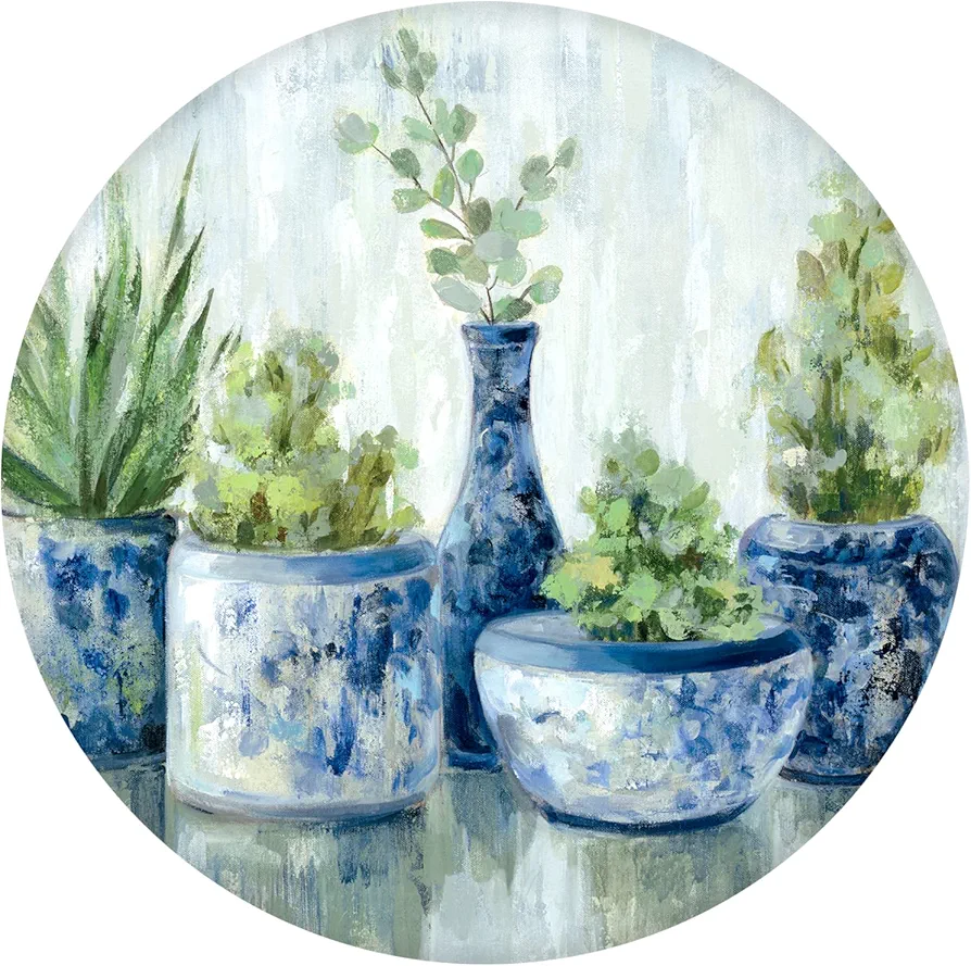 PRINZ Blue Chinoiserie Potted Plants 20" x 20" Round Canvas Wall Art, Floral Wall Decor for Bedroom, Bathroom, Living Room