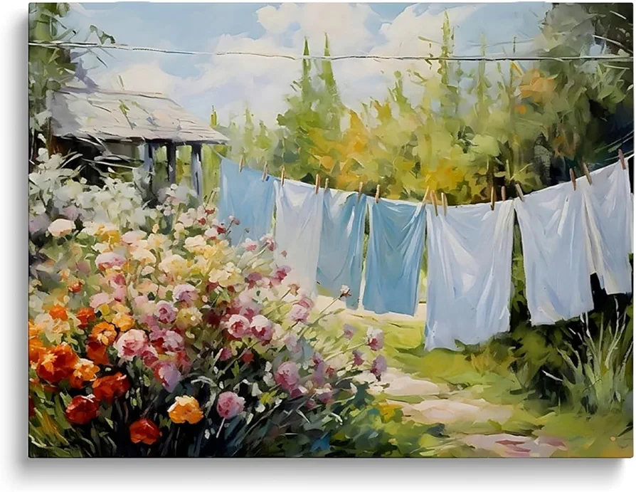 IGMA Laundry Day Wall Art-Laundry On A Line Canvas Poster Laundry Room Art Vintage Cottagecore Garden Painting Print Farmhouse Wall Decor Country Art Print 12x16inch Unframed, Colourful27