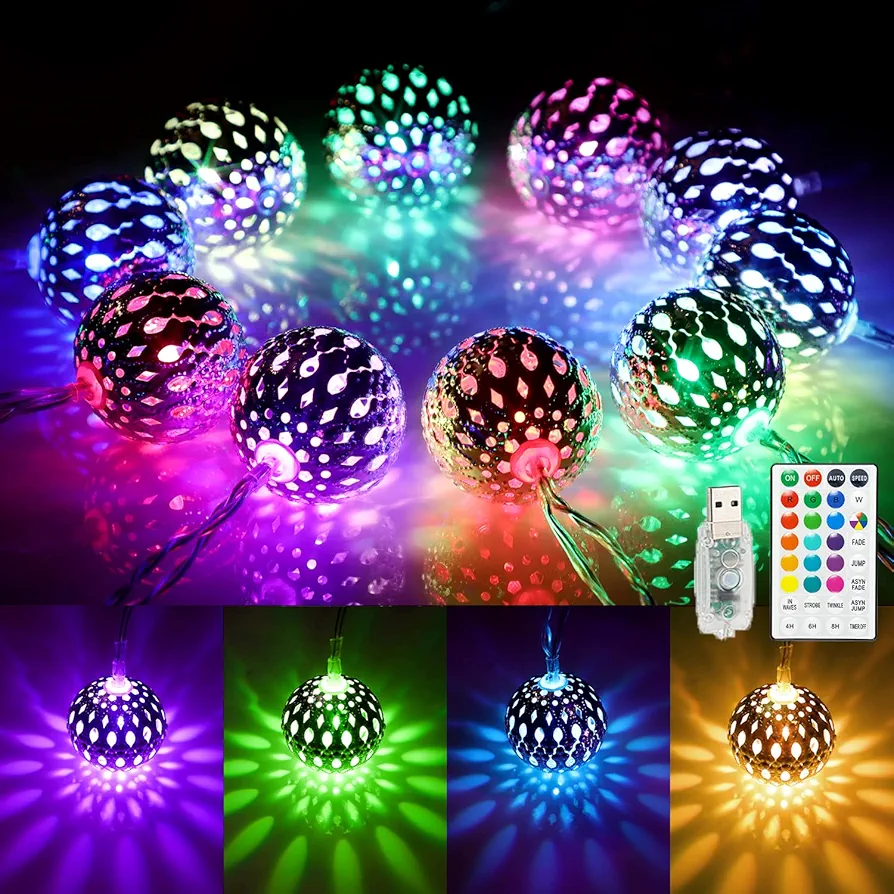 OMIKA 16 Colors Changing Globe String Lights for Diwali Decor, 13ft 40 Silver Metal Balls LED Fairy Lights with Remote Timer Moroccan Orb Decorative Diwali Lights for Room Party Christmas Boho Décor