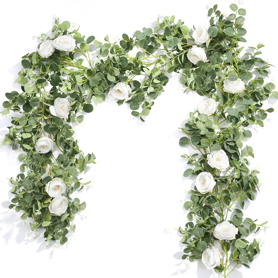 Der Rose 4 Pcs 13Ft Artificial Eucalyptus Flower Garland with Fake Silk Rose Flower Vine Seeded Eucalyptus Leaves Greenery Garland for Wedding Arch Table Wall Backdrop Party Room Decor (White)